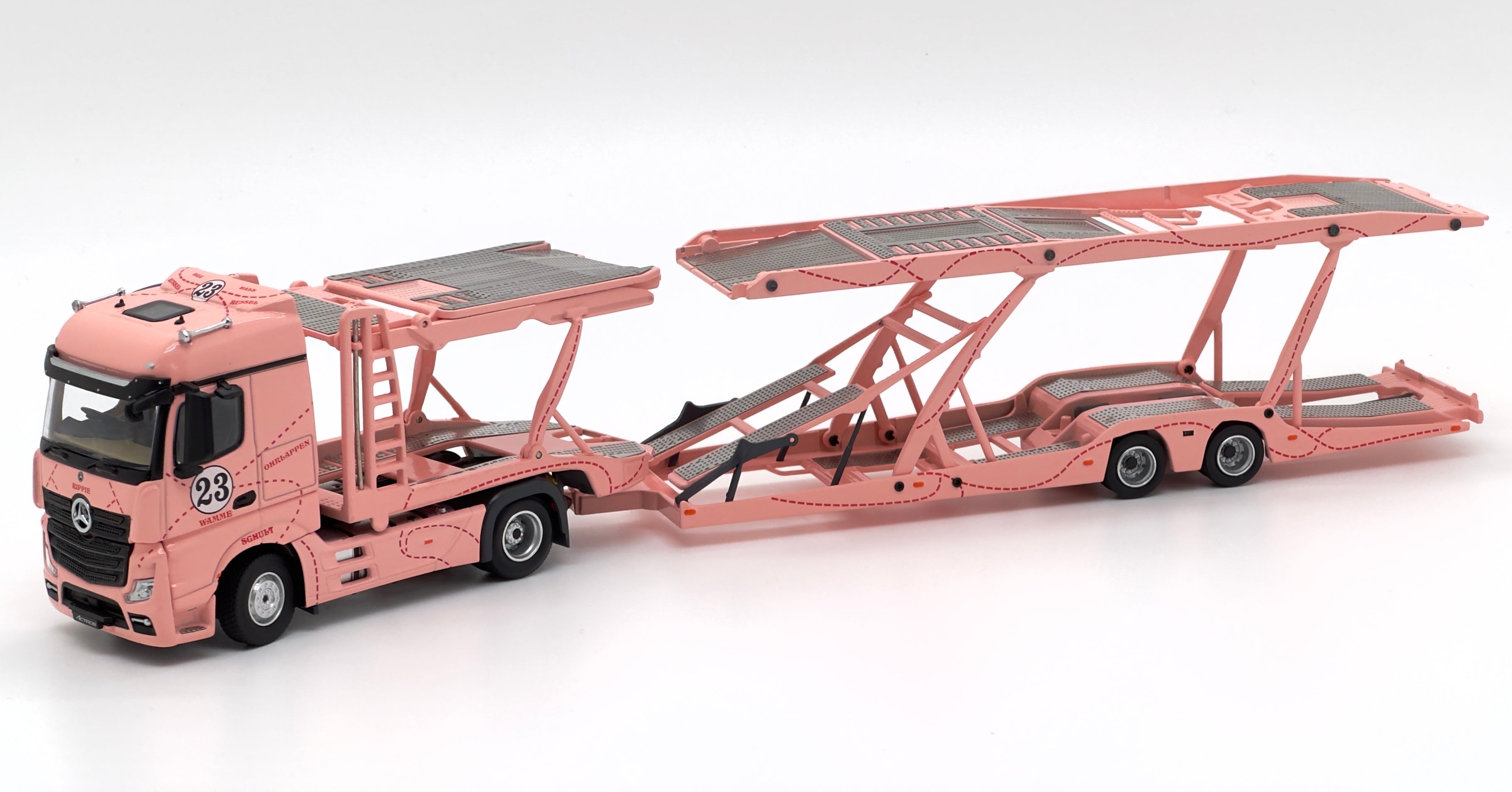 Preorder Unique Model 1 64 Mercedes Benz Actros Double Deck Transporter Pink Pig Livery