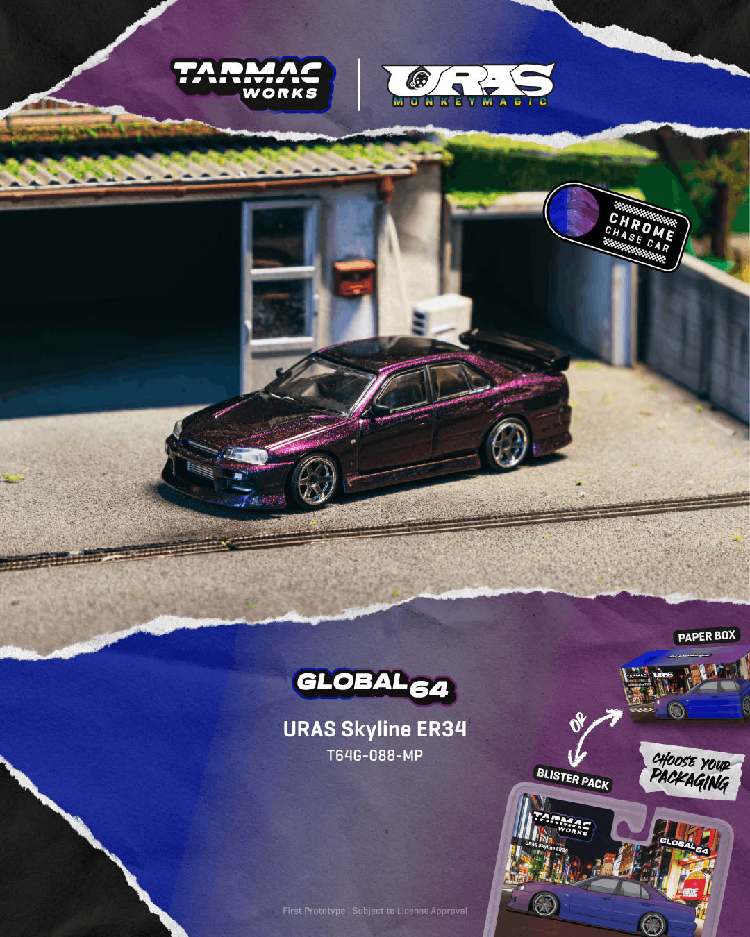 Preorder] Tarmac Works 1:64 URAS Skyline ER34 Midnight Purple T64G