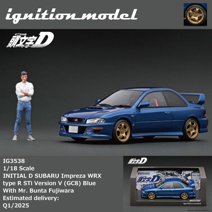 Ignition Model 1:18 INITIAL D SUBARU Impreza WRX type R STi Version V (GC8) Blue With Mr.Bunta Fujiwara IG3538