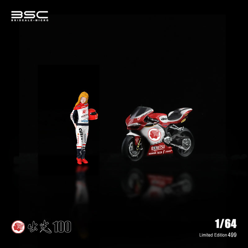 Motocicletta In Scala 1:64 BRI Scale Micro, Idemitsu + Personaggio, Colori Rosso/Bianco