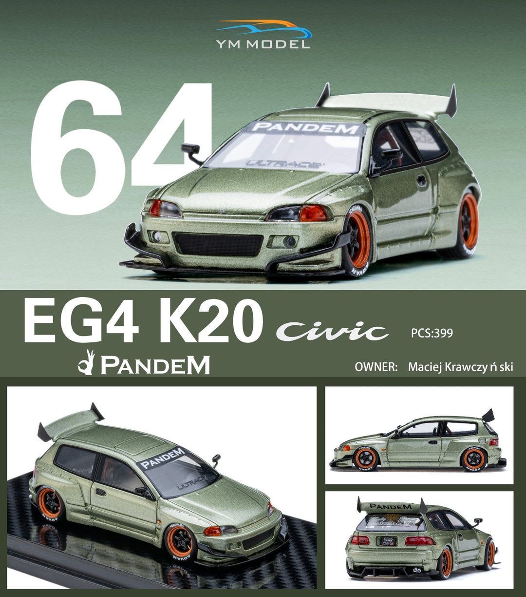 YM Model 1:64 Pandem Honda Civic EG4 K20 Rocket Bunny Bronze