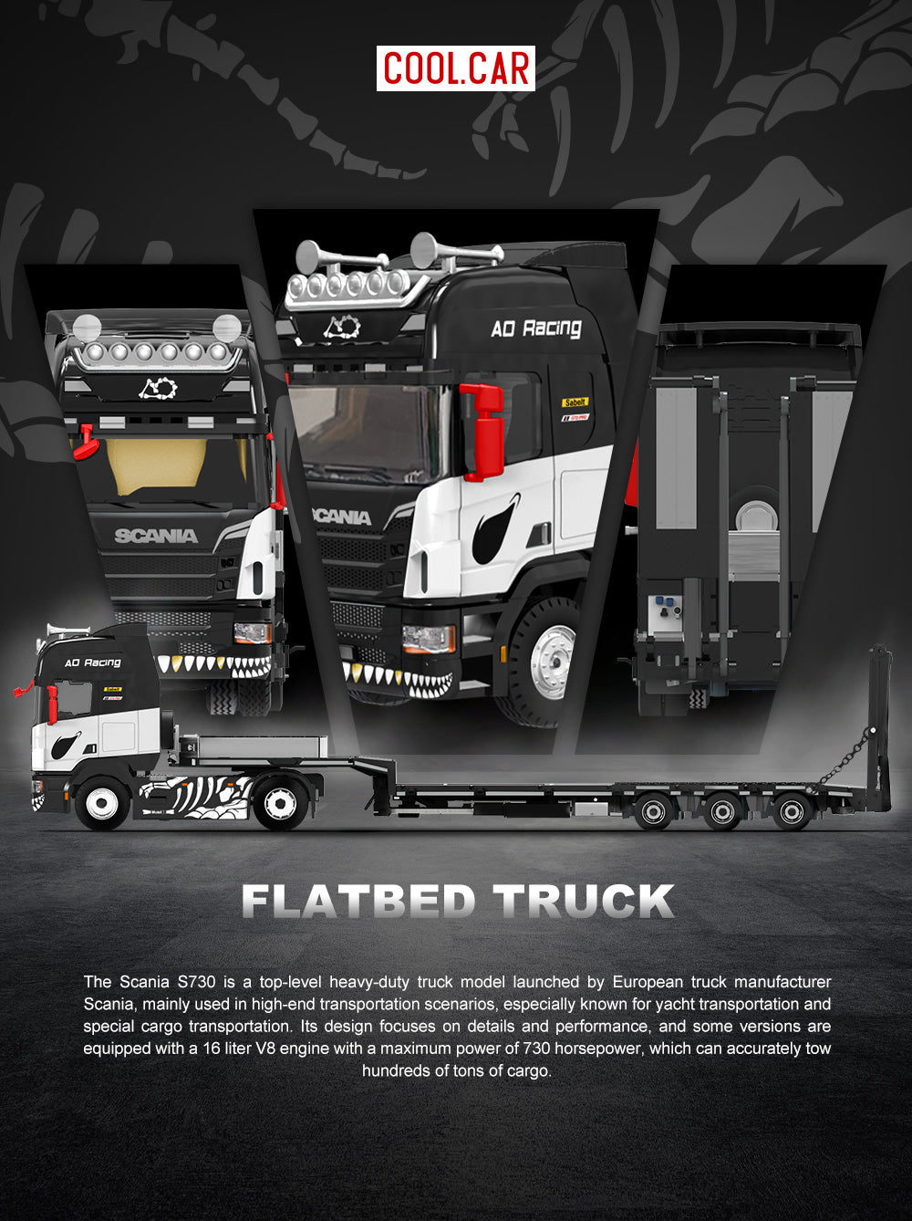 Preorder] Cool Car 1:64 Scania flatbed trailer Skeleton Rexy