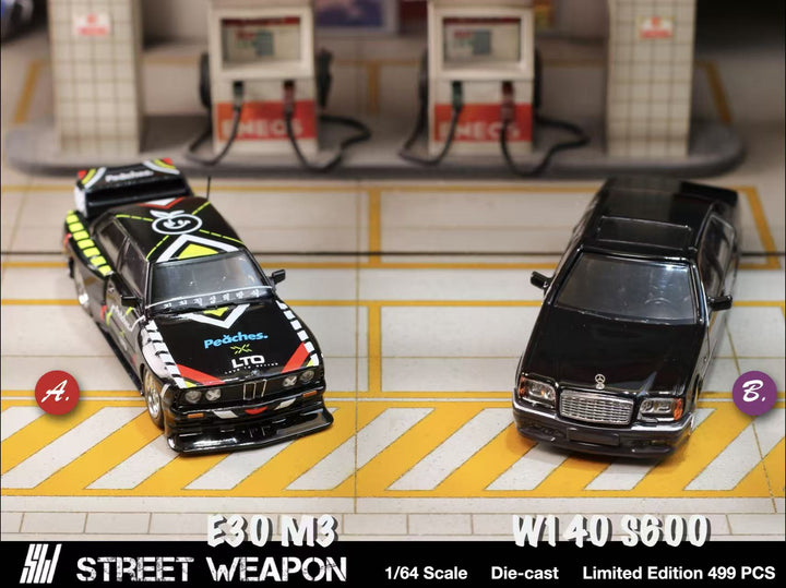 Street Weapon 1:64 BMW LTO E30 M3 Peaches And Benz W140 S600 Black Grey (2 Versions)