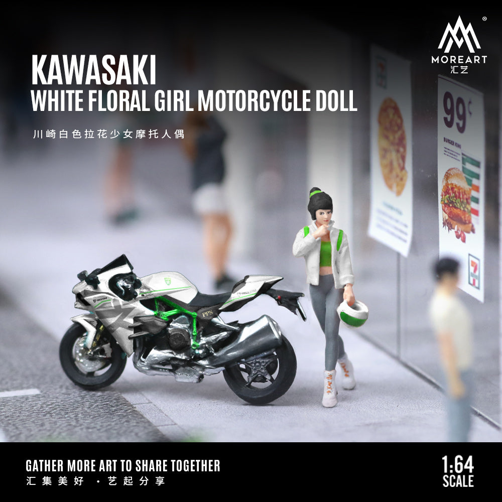 マリ MoreArt 1:64 KAWASAKI WHITE FLORAL GIRL MOTORCYCLE DOLL