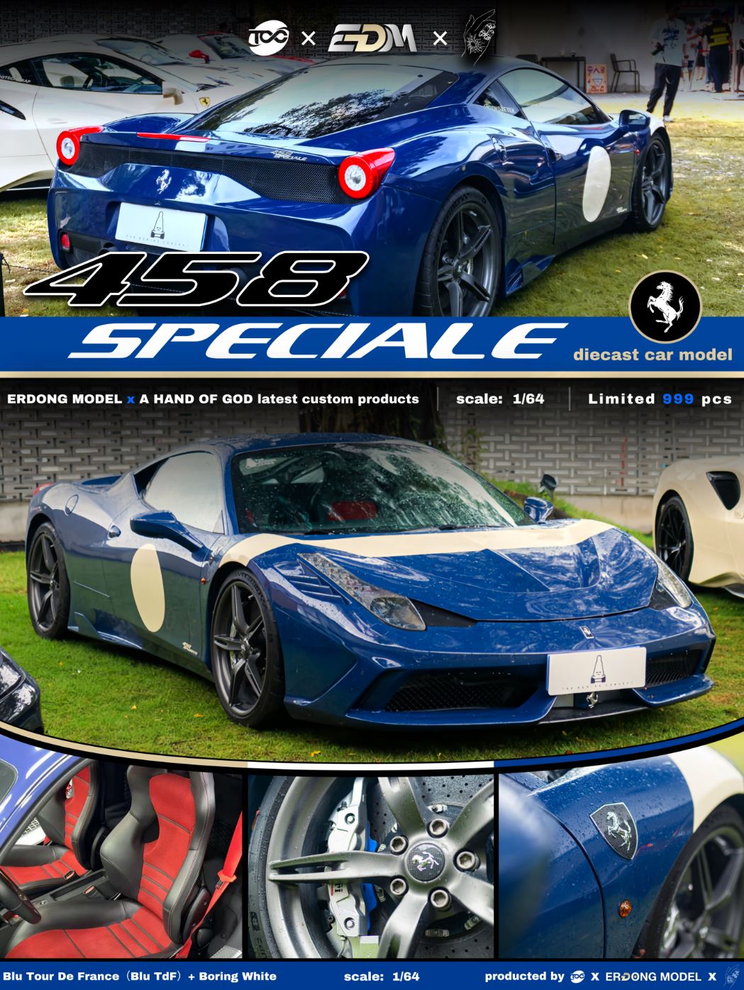 Preorder] TOC x EDM x AHandofGod 1:64 Ferrari 458 Speciale Blue