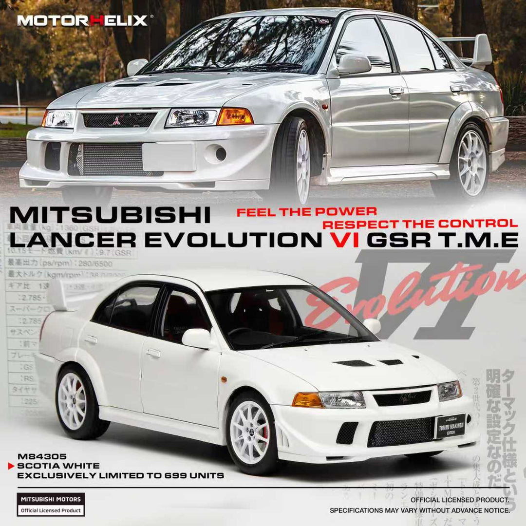 [Preorder] MOTORHELIX 1:18 Mitsubishi Lancer Evolution VI GSR T.M.E Scotia White M84305