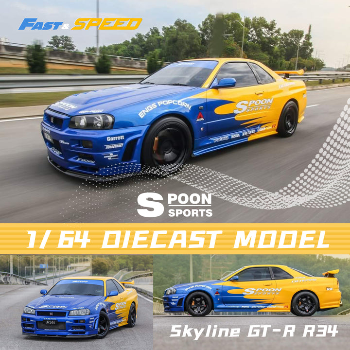 [Preorder] Fast Speed 1:64 Nissan Skyline GT-R R34 5th generation BNR34 - Spoon Blue Yellow