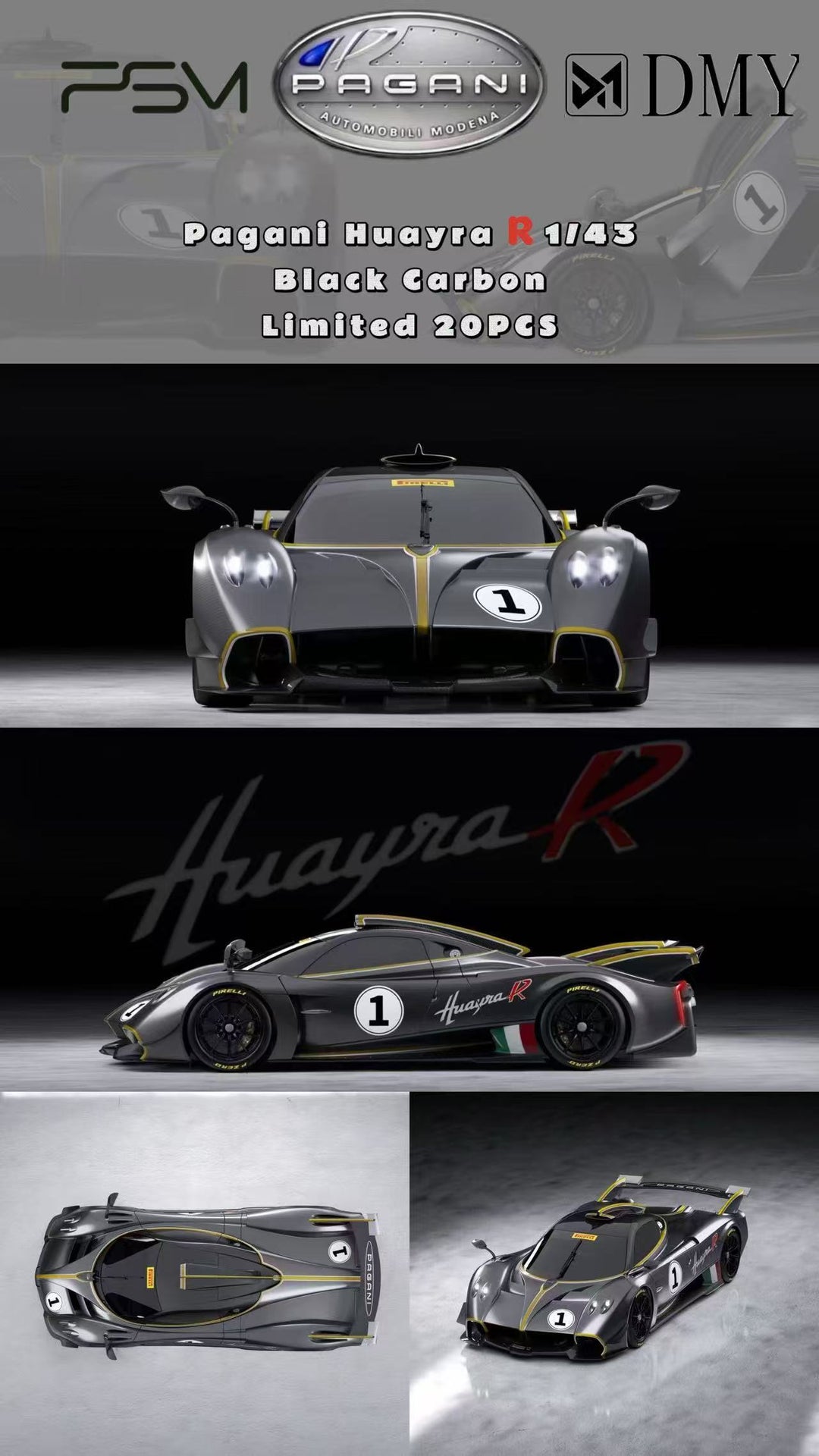 PSM x DMY 1:43 Pagani Huayra R Gray Black Full Carbon