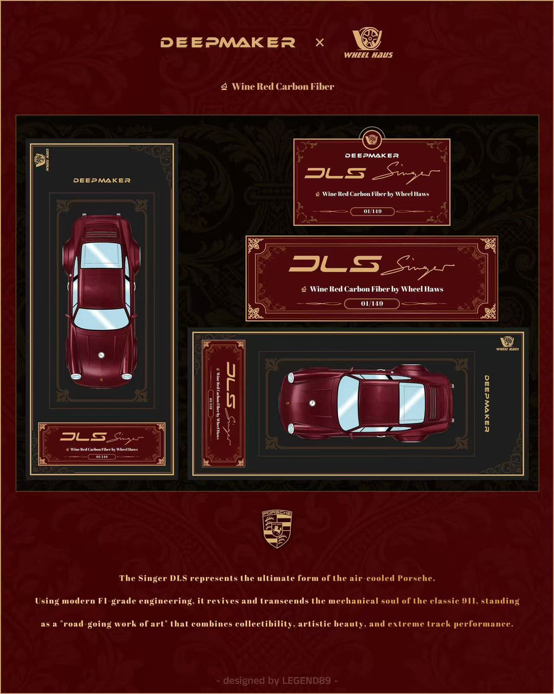 [Preorder] DeepMaker x Wheel Haus 1:64 Porsche Singer DLS Wine Red Carbon Fiber