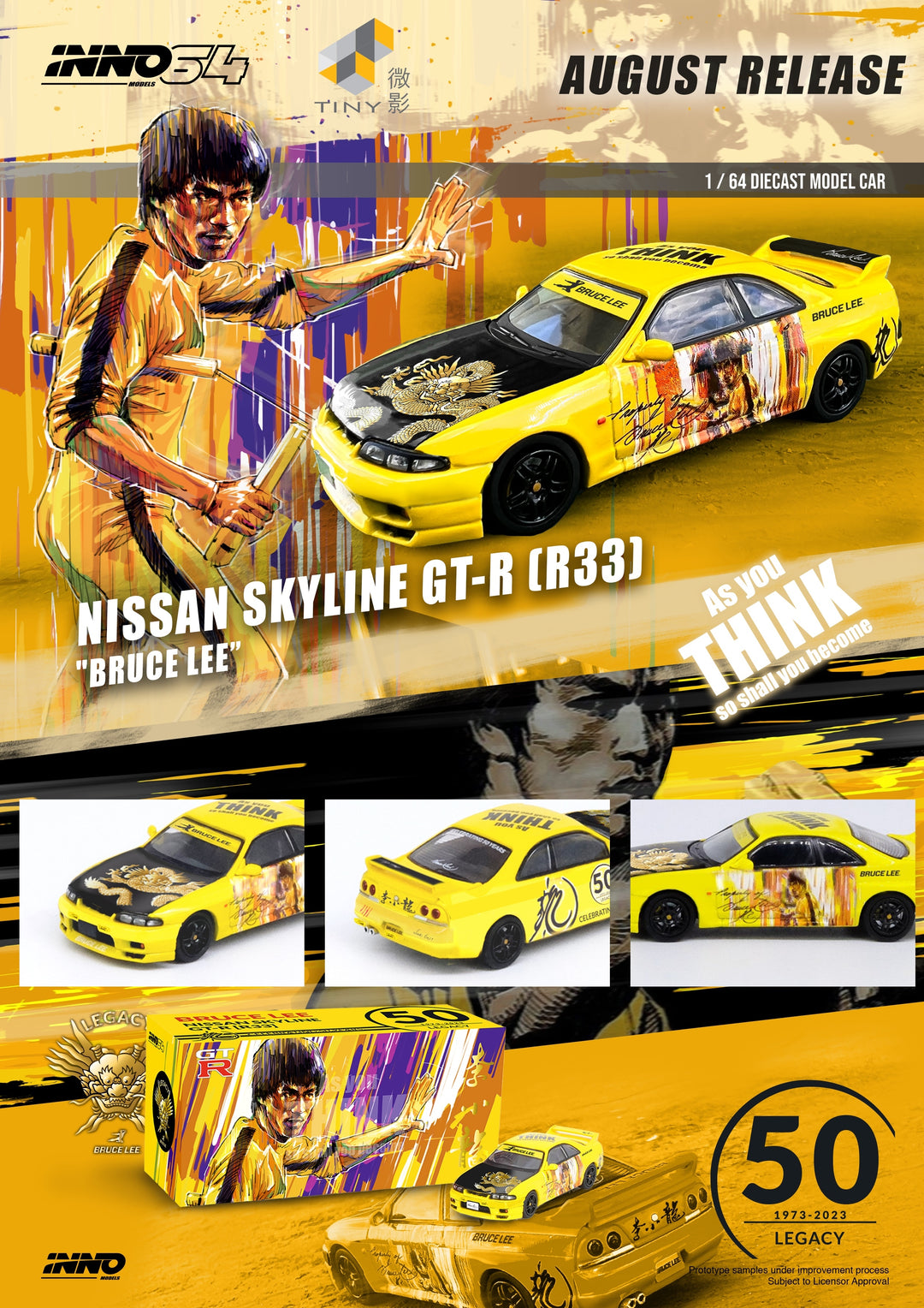 Inno64 1:64 Nissan Skyline GT-R (R33) BRUCE LEE” Yellow IN64-R33-BRUCELEE