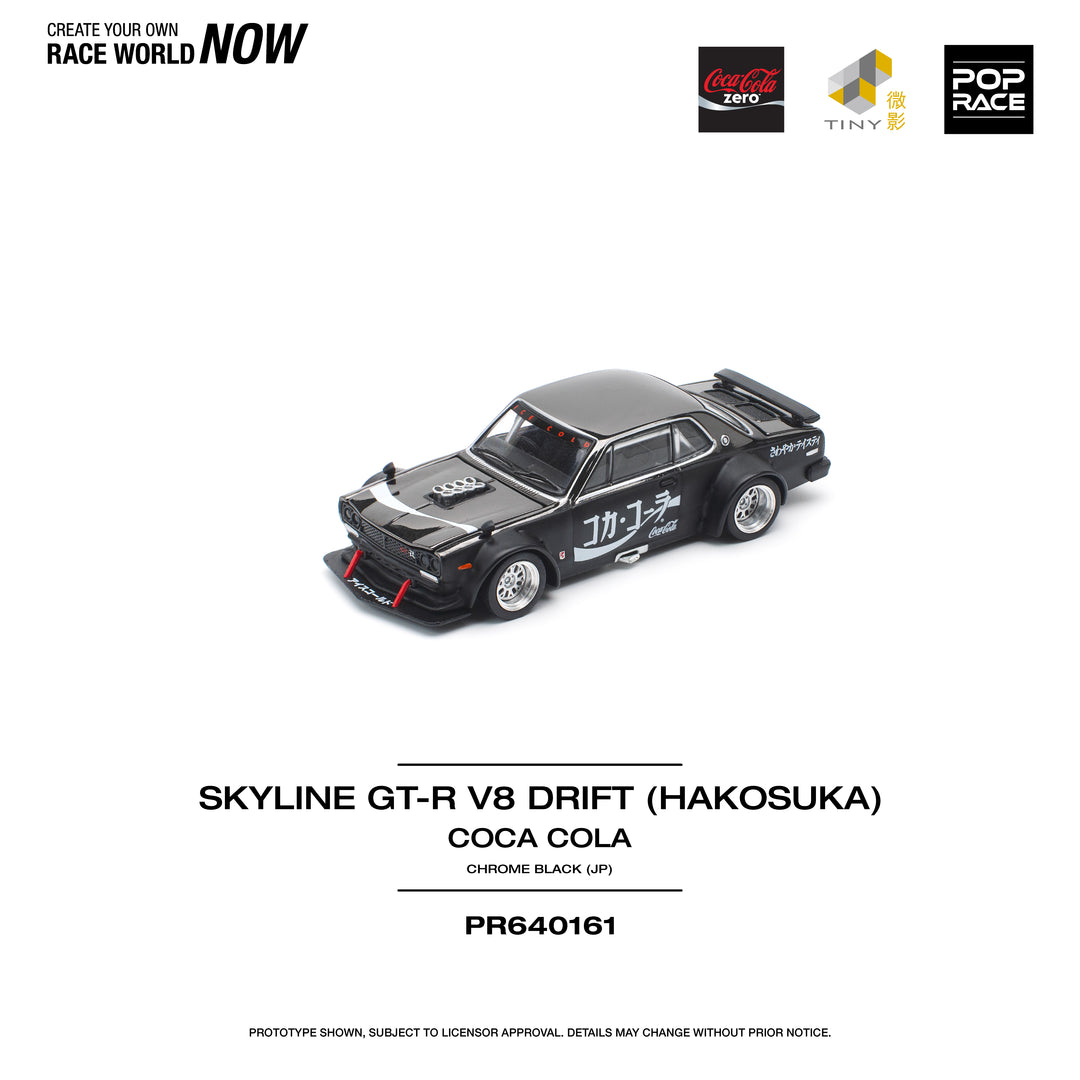 POPRACE 1:64 SKYLINE GT-R DRIFT (HAKOSUKA) - COCA COLA ZERO JP BLACK CHROME PR640161