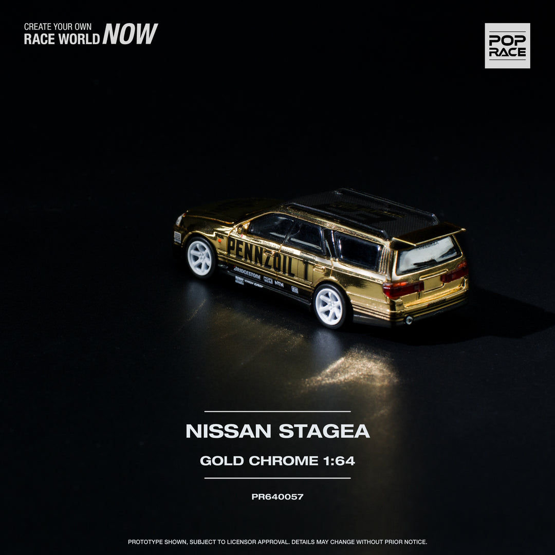 POPRACE 1:64 Nissan Stagea Pennzoil Gold Chrome PR640057