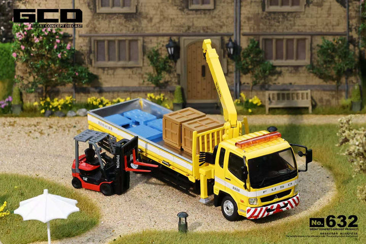 [Preorder] GCD 1:64 Mitsubishi Fuso crane Truck Yellow with Forklift KS-082-632