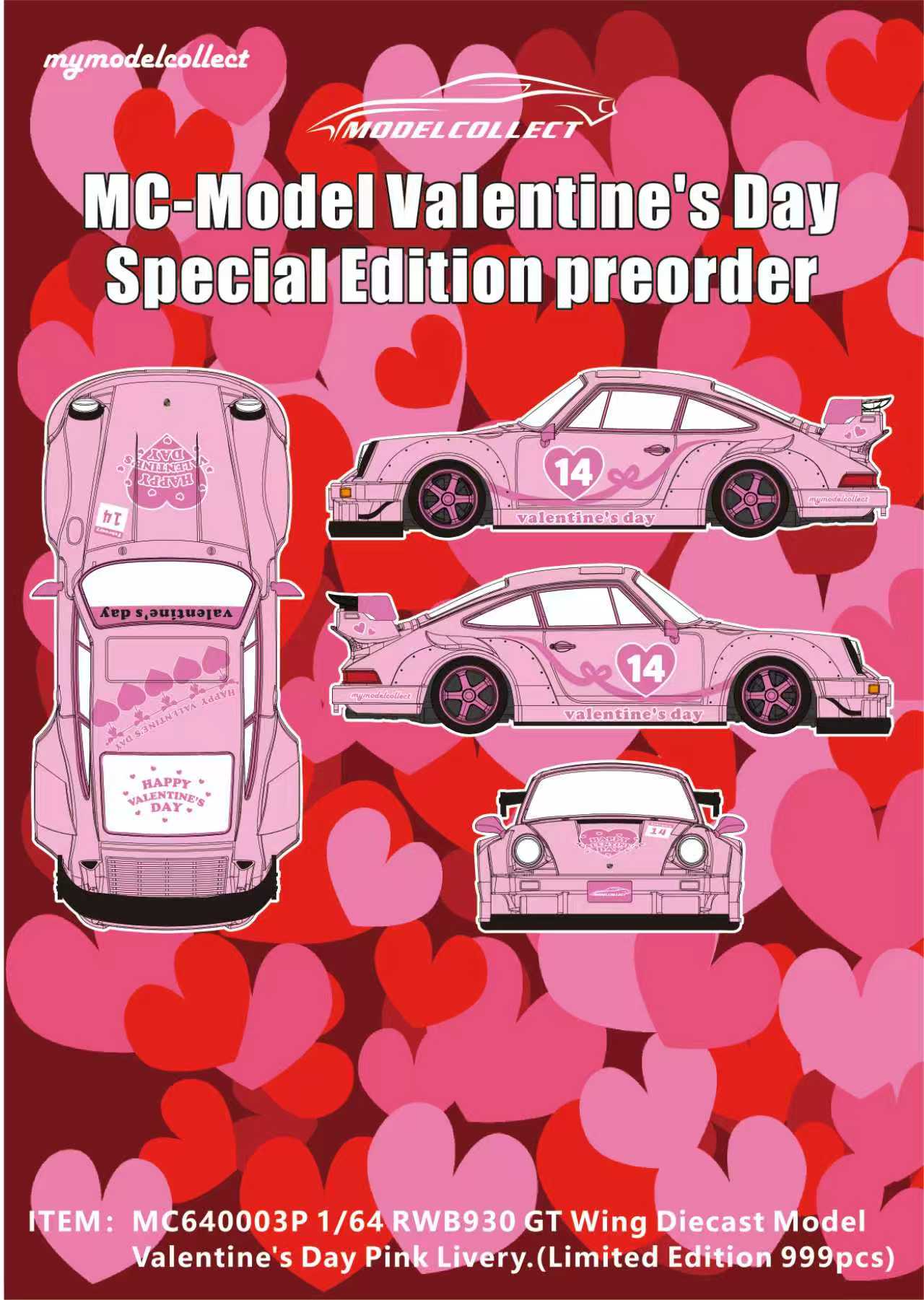 Model Collect 1:64 Porsche RWB930 GT Wing Pink Valentine's Day