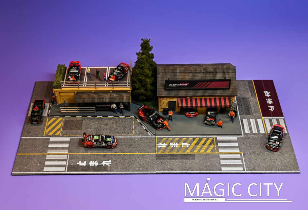 Magic City 1:64 Diorama Advan Tuner Shop & Bus Stop 110076﻿