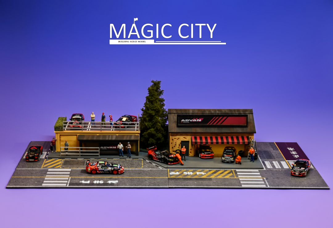 Magic City 1:64 Diorama ADVAN Tuner Shop & Bus Stop 110076 Magic City 1:64 Diorama ADVAN Tuner Shop & Bus Stop 110076
