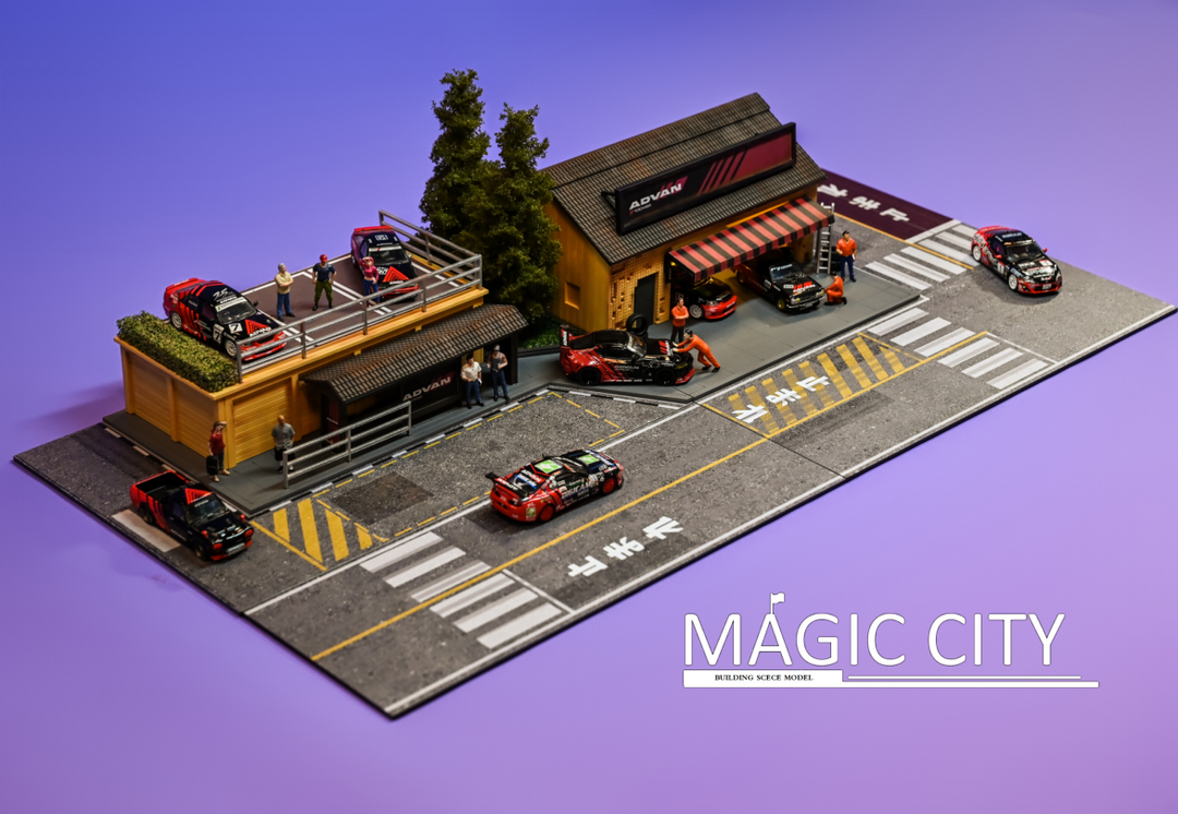 Magic City 1:64 Diorama ADVAN Tuner Shop & Bus Stop 110076 Magic City 1:64 Diorama ADVAN Tuner Shop & Bus Stop 110076