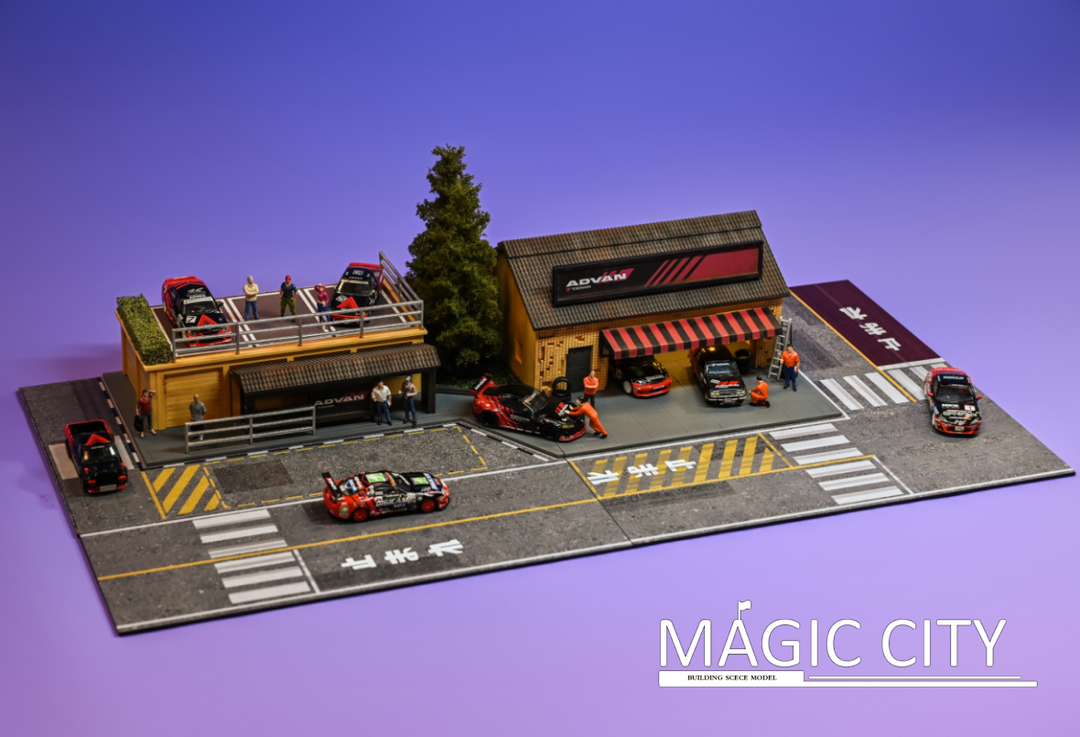 Magic City 1:64 Diorama ADVAN Tuner Shop & Bus Stop 110076 Magic City 1:64 Diorama ADVAN Tuner Shop & Bus Stop 110076