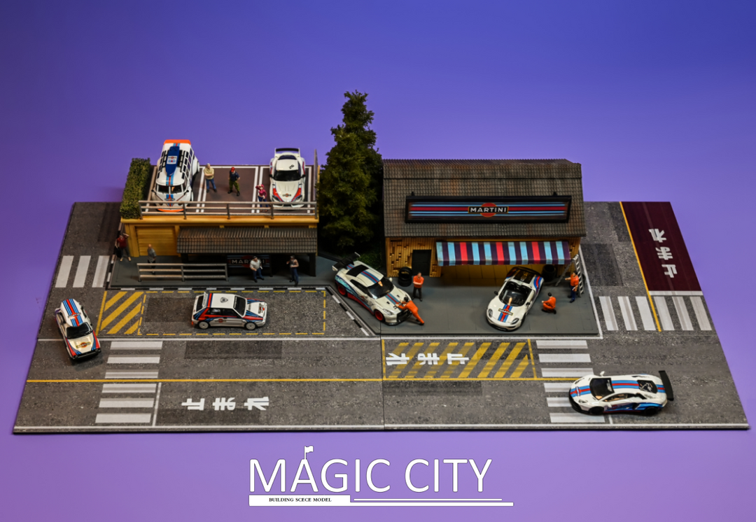 Magic City 1:64 Diorama MARTINI Tuner Shop & Bus Stop 110077