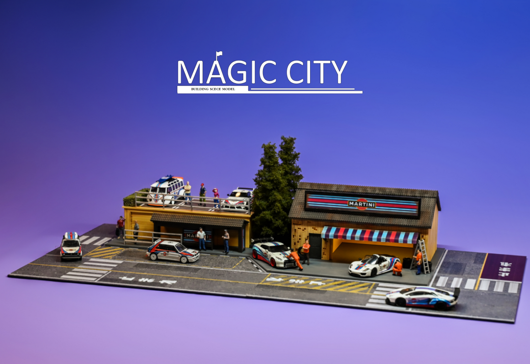 Magic City 1:64 Diorama MARTINI Tuner Shop & Bus Stop 110077 Magic City 1:64 Diorama MARTINI Tuner Shop & Bus Stop 110077