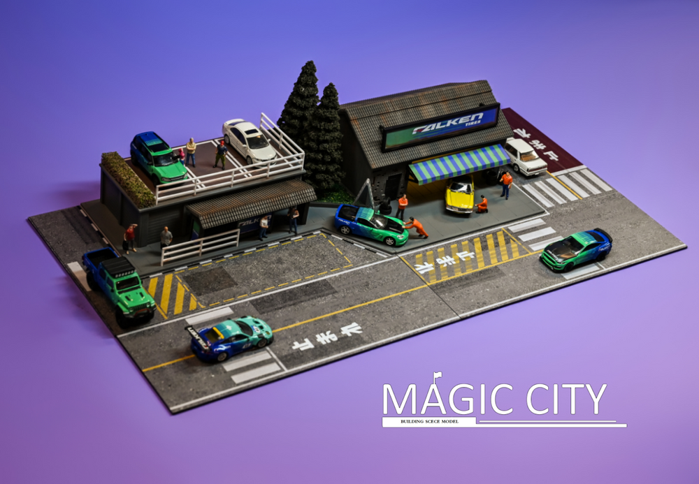 Magic City 1:64 Diorama FALKEN Tuner Shop & Bus Stop 110078