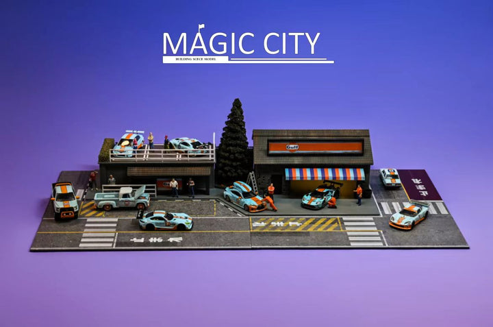 Magic City 1:64 Diorama GULF Oil Tuner Shop & Bus Stop 110079