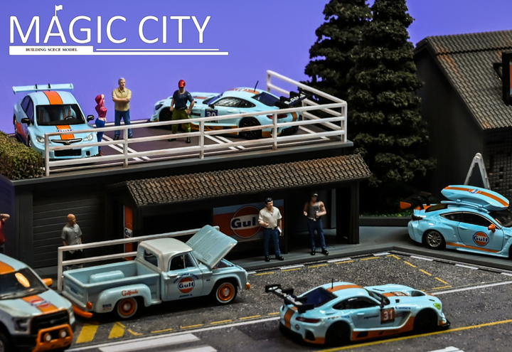 [Preorder] Magic City 1:64 Diorama GULF Oil Tuner Shop & Bus Stop 110079