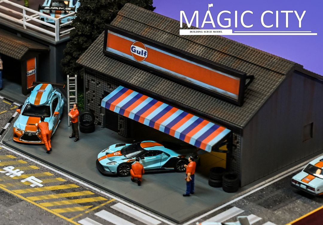 Magic City 1:64 Diorama GULF Oil Tuner Shop & Bus Stop 110079 Magic City 1:64 Diorama GULF Oil Tuner Shop & Bus Stop 110079