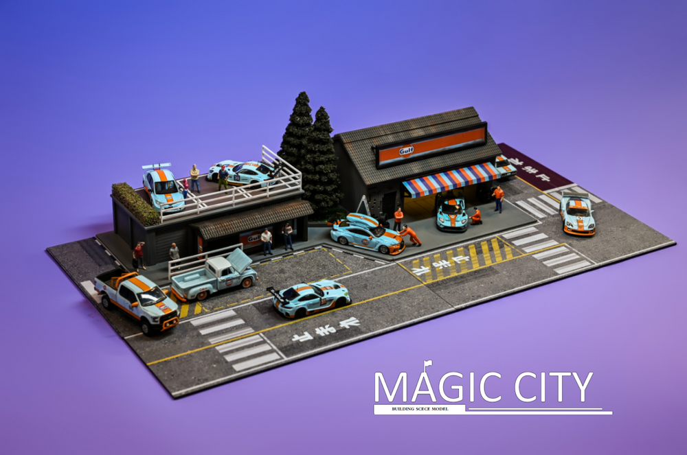 Magic City 1:64 Diorama GULF Oil Tuner Shop & Bus Stop 110079