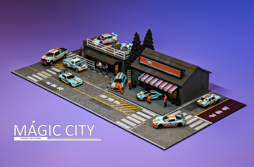 [Preorder] Magic City 1:64 Diorama GULF Oil Tuner Shop & Bus Stop 110079