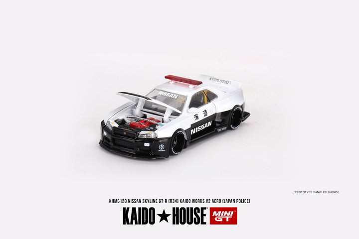 Kaido House + Mini GT 1:64 Nissan Skyline GT-R R34 Kaido Works (V2 Aero) Police KHMG120