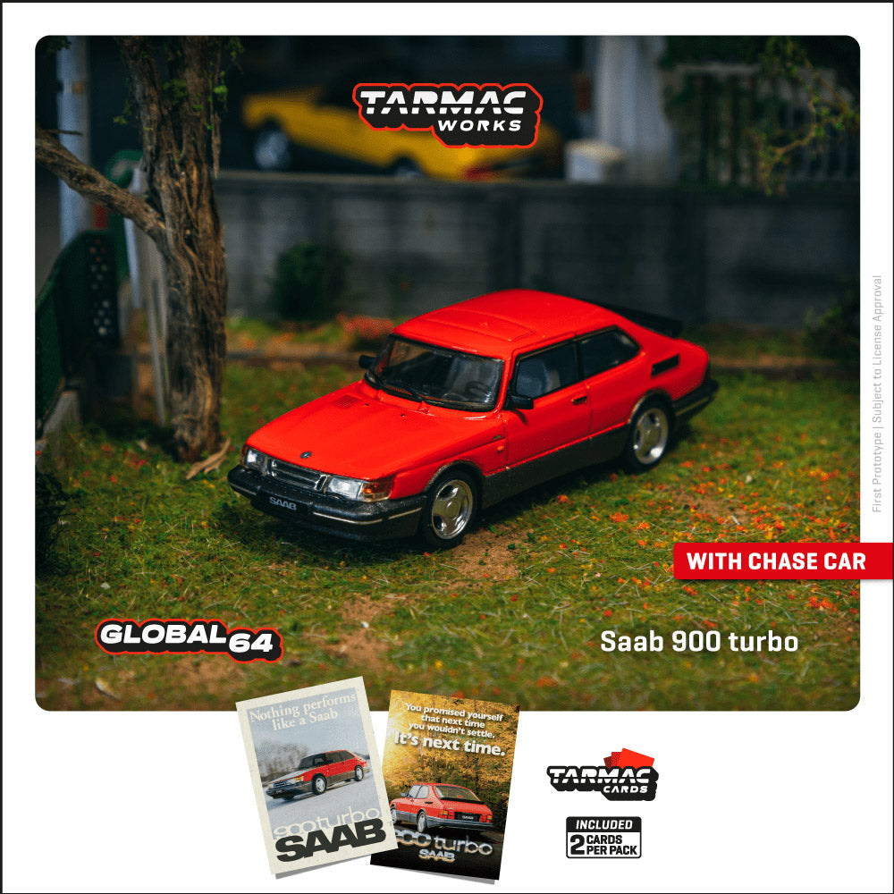 Tarmac Works 1:64 Saab 900 Turbo Red T64G-056-RE (Model Car + Trading Cards Combo Set)