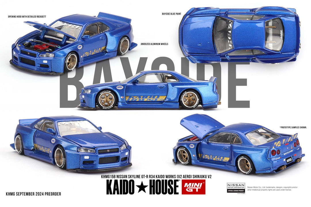 Kaido House + MINIGT 1:64 Nissan Skyline GT-R (R34) Kaido Works (V2 Aero) SHINJUKU V2 KHMG158