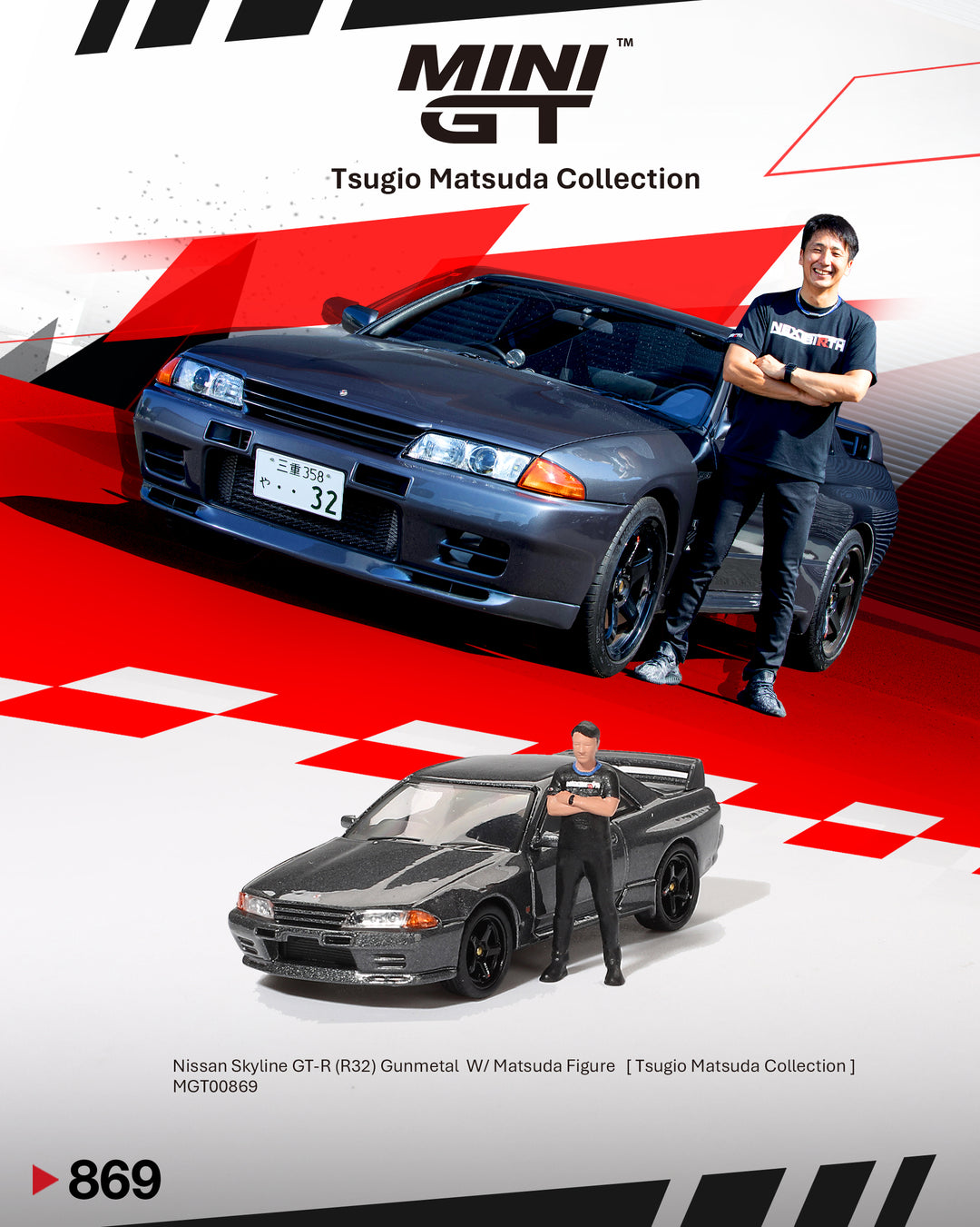 Mini GT 1:64 Nissan Skyline GT-R (R32) Nismo Gunmetal W/ Matsuda Figure Tsugio Matsuda Collection MGT00869-R