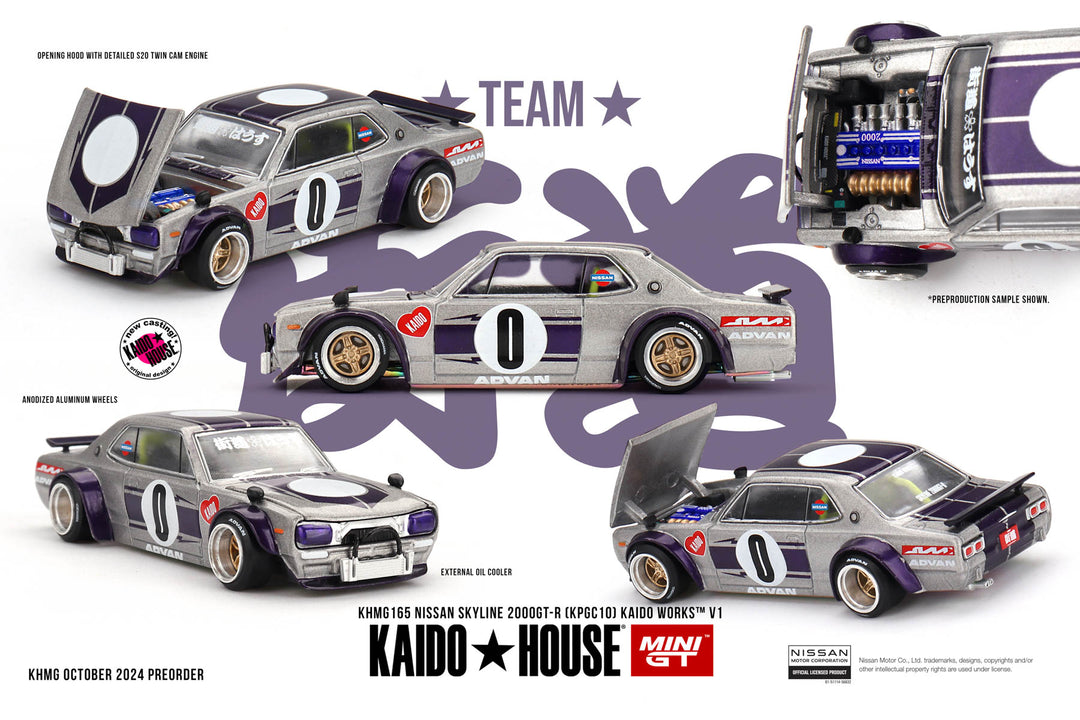 Kaido House x Mini GT 1:64 Nissan Skyline GT-R (KPGC10) Kaido Works V1 – Silver KHMG165