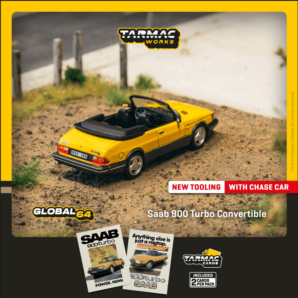 Tarmac Works 1:64 Saab 900 Turbo Convertible Yellow Model Car + Trading Cards Combo Set T64G-067-YE