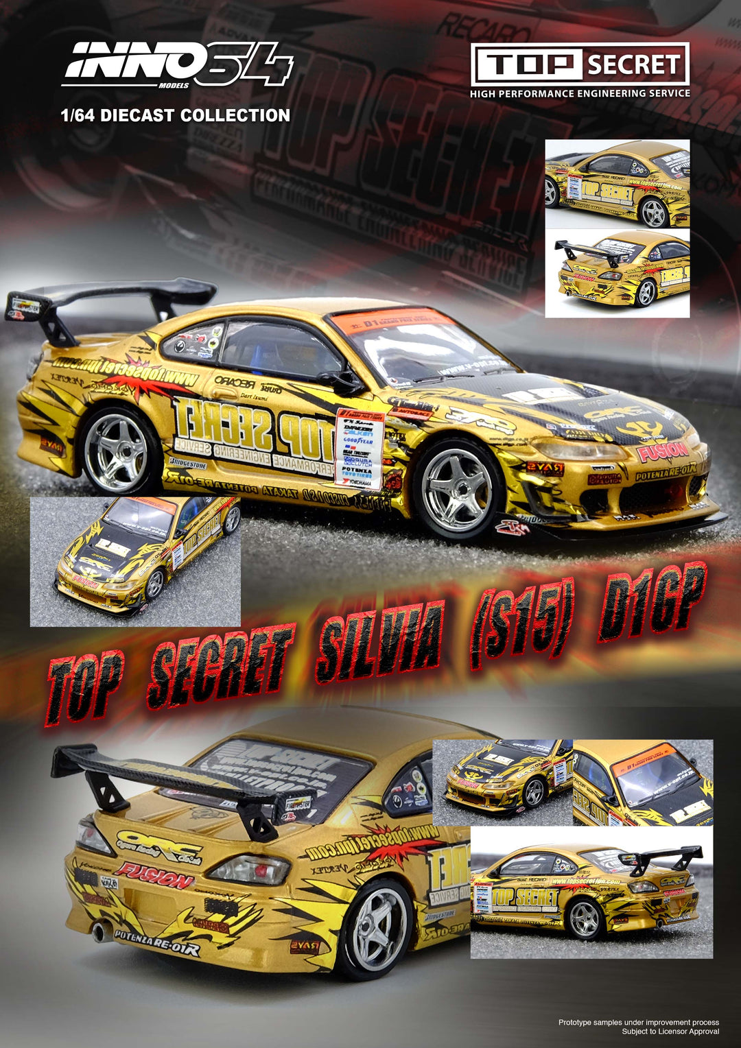 [Preorder] Inno64 1:64 "TOP SECRET Silvia (S15) Gold D1 Grand Prix Series Champion 2004" IN64-S15TS-D104
