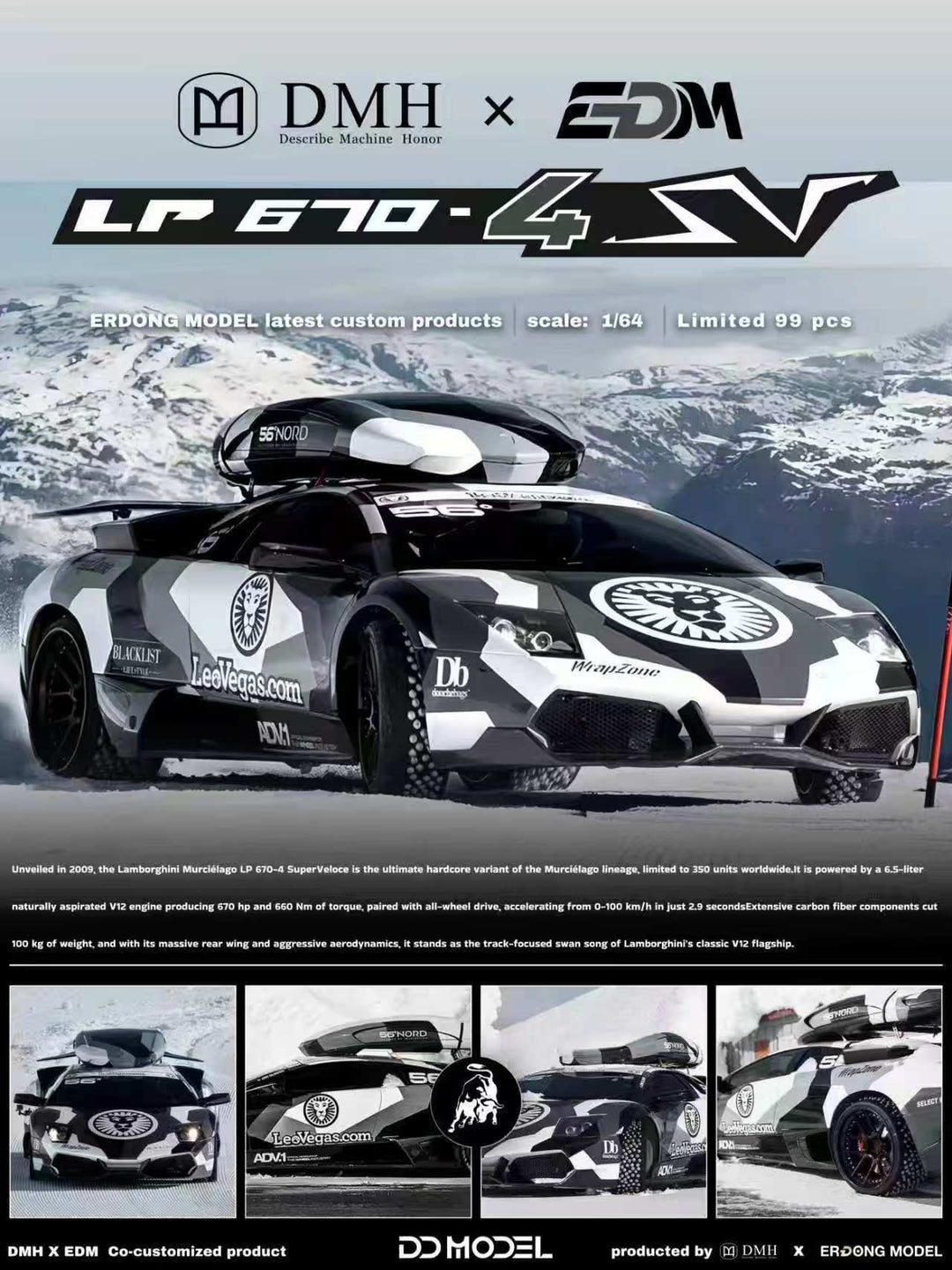 [Preorder] DMH x EDM 1:64 Lamborghini Murciélago LP670-4 SV Snow Camouflage Livery
