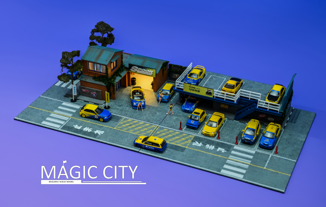 [Preorder] Magic City 1:64 Diorama Spoon Japanese Building & Double Decker  Parking Lot 110075
