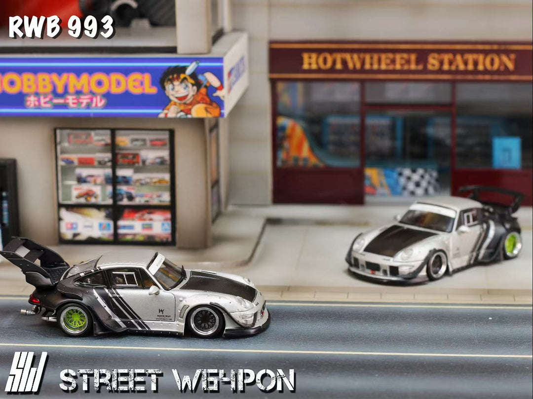 [Preorder] Street Weapon 1:64 Porsche RWB 993 Wide-Body Modified Matte Silver (2 Versions)