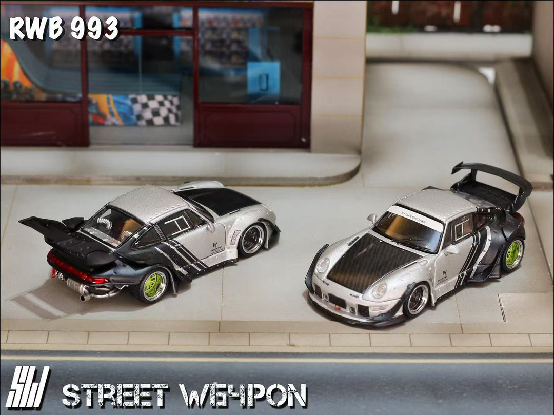 [Preorder] Street Weapon 1:64 Porsche RWB 993 Wide-Body Modified Matte Silver (2 Versions)