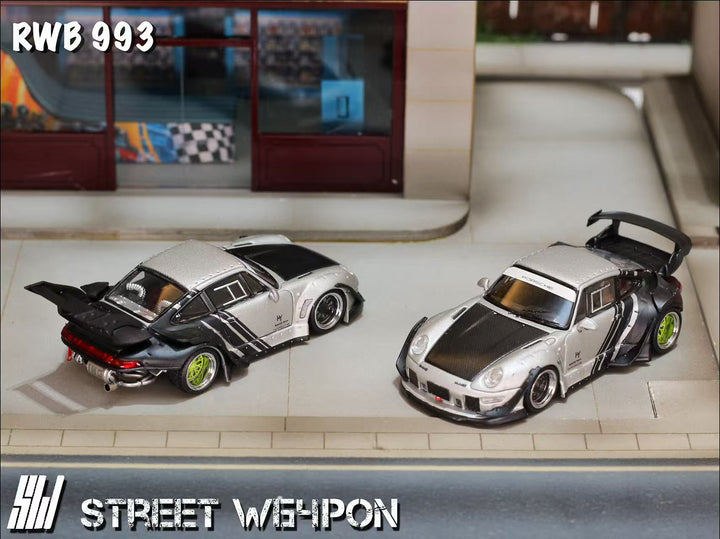 [Preorder] Street Weapon 1:64 Porsche RWB 993 Wide-Body Modified Matte Silver (2 Versions)