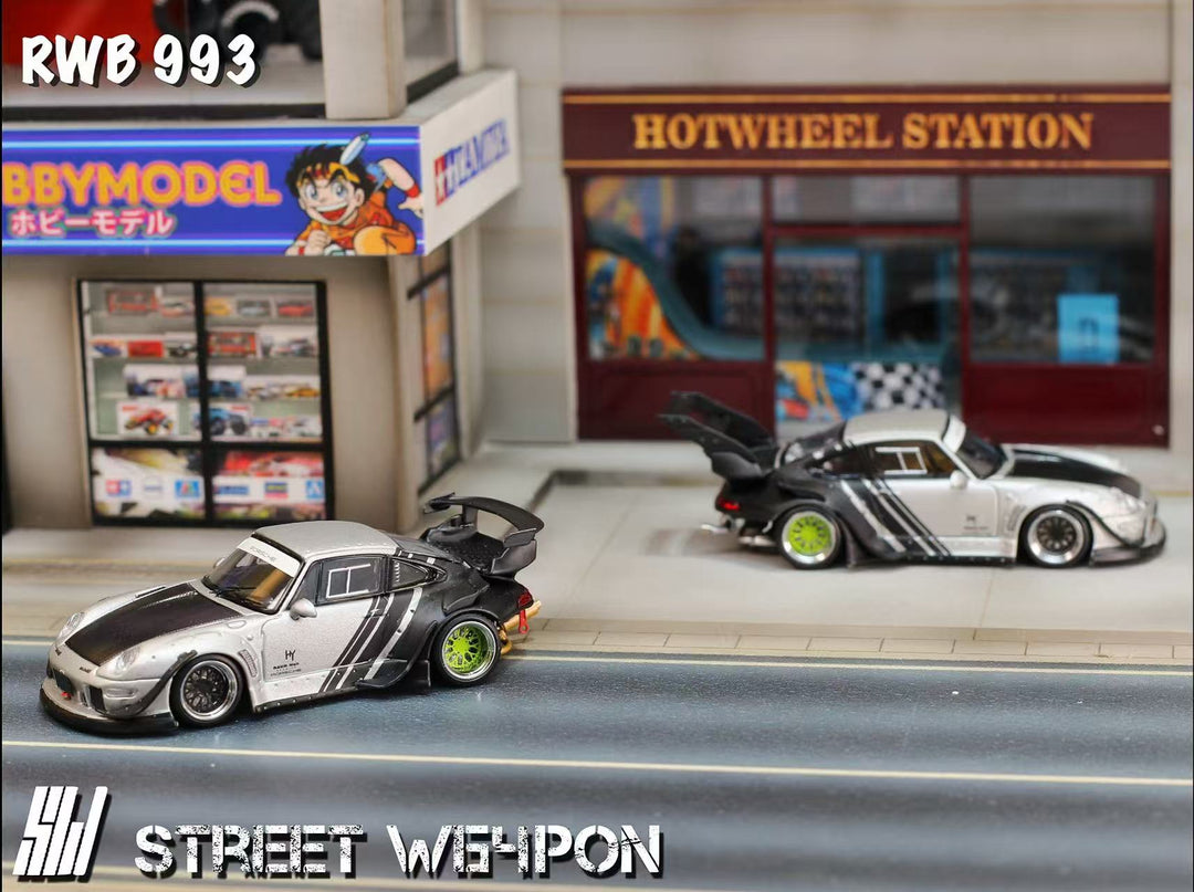 [Preorder] Street Weapon 1:64 Porsche RWB 993 Wide-Body Modified Matte Silver (2 Versions)