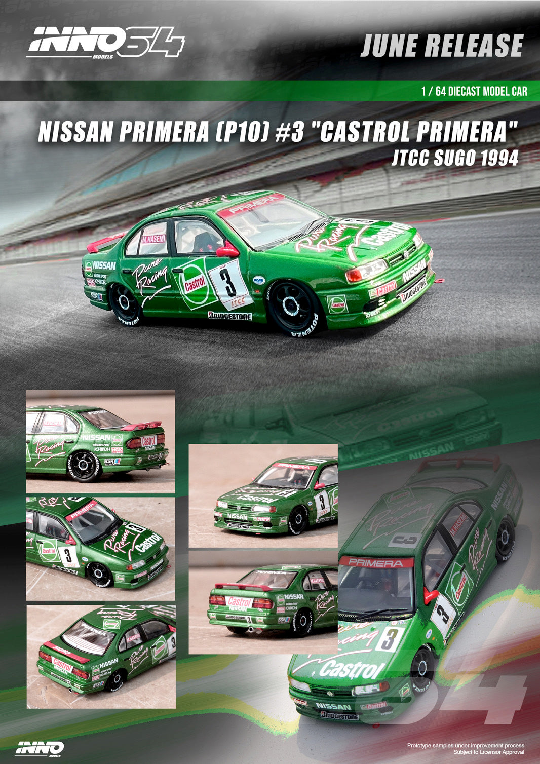 Inno64 1:64 Nissan Primera (P10) #3 "CASTROL PRIMERA" JTCC Sugo 1994 IN64-P10-CA3