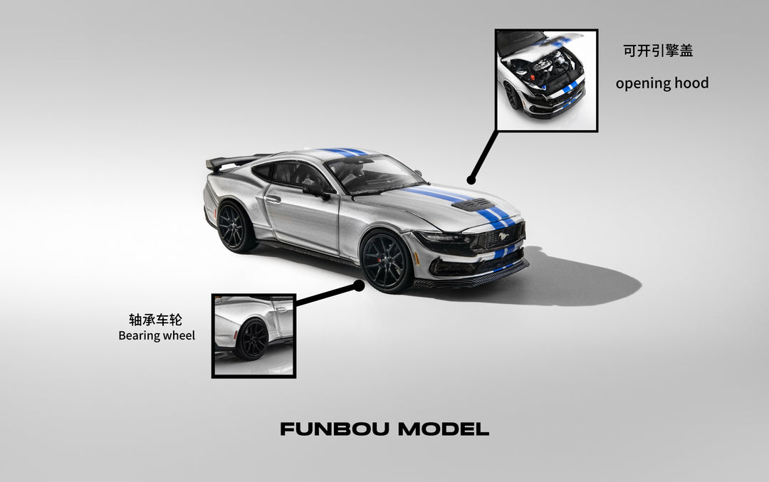 [Preorder] DCM x FUNBOU Model 1:64 Ford Mustang Dark Horse (S650) Silver Blue Stripes