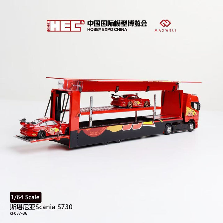 [Preorder] Kengfai &amp; MAXWELL 1:64 Scania S730 v8 Double Deck Enclosed Flying Wing Transporter - McQueen 95