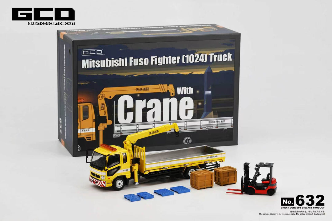 [Preorder] GCD 1:64 Mitsubishi Fuso crane Truck Yellow with Forklift KS-082-632