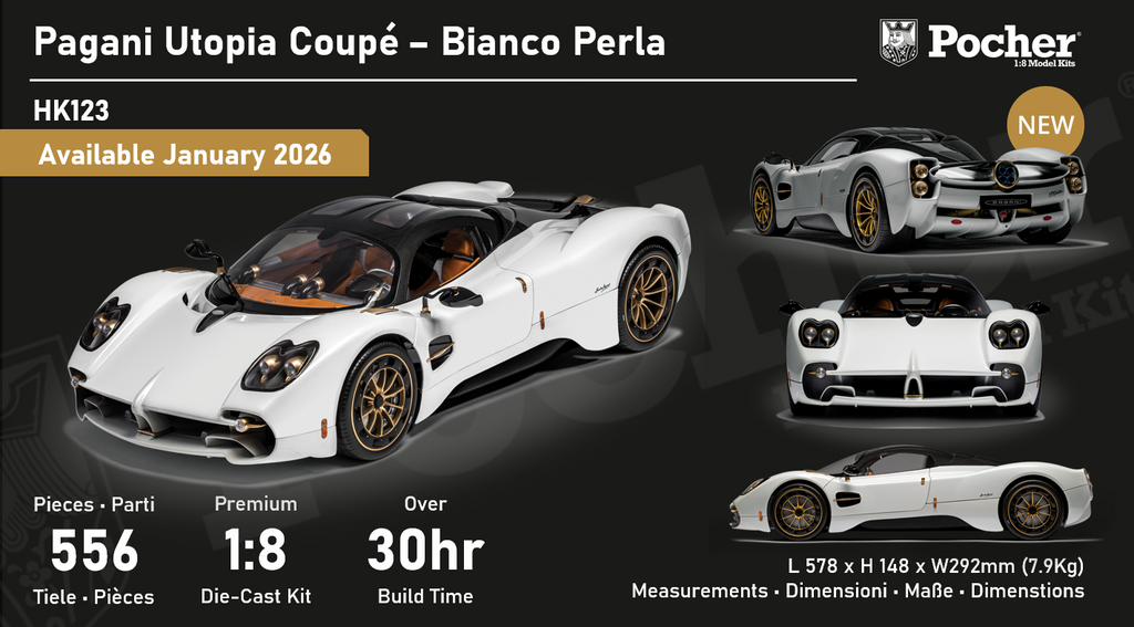 Preorder] Pocher 1:8 HK123 Pagani Utopia Bianca Perla Black