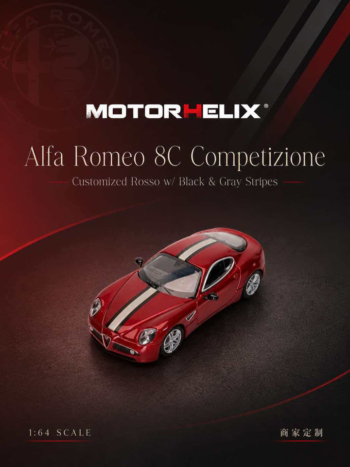 [Preorder] MOTORHELIX 1:64 Alfa Romeo 8C Competizione Red with Gray and Black Stripe M69065