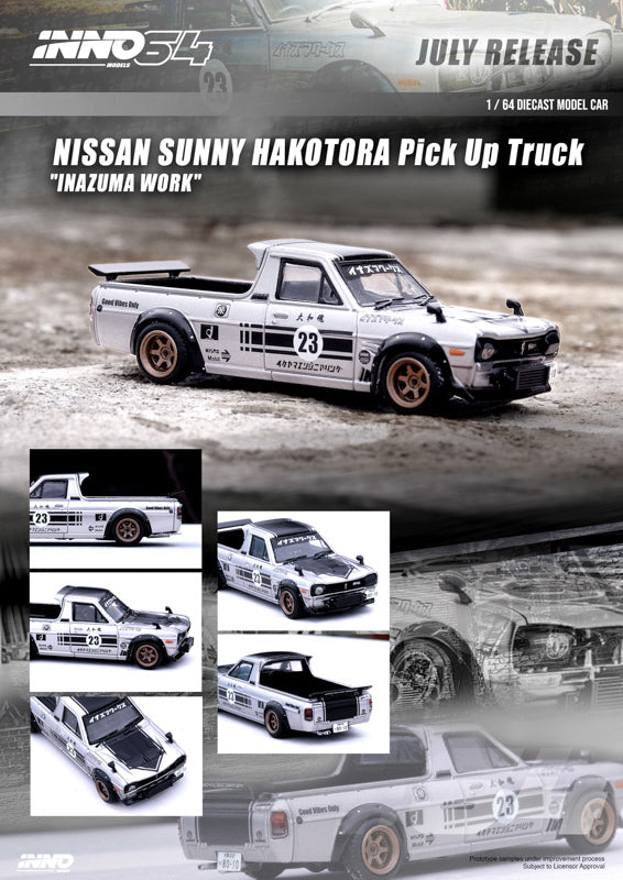 Inno64 1:64 Nissan Sunny HAKOTORA Pick Up Truck "INAZUMA WORK" IN64-HKT-23R